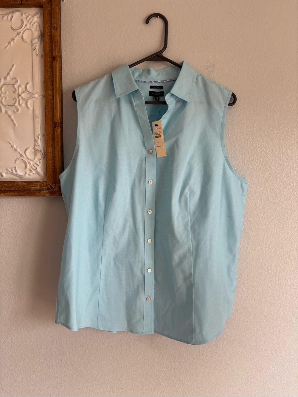 Talbots women blouse sz 18 Blue Sleeveless Blouse Shirt wrinkle resistant cotton